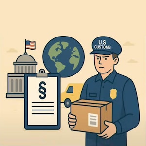Könnte beinhalten: Cartoon-Illustration eines US-Zollbeamten in blauer Uniform und Mütze mit der Aufschrift "U.S. Customs", der ein Paket hält. Der Hintergrund zeigt einen Globus, ein Gebäude mit Flagge, ein Klemmbrett mit einem Rechtssymbol und einen gelben Lieferwagen.