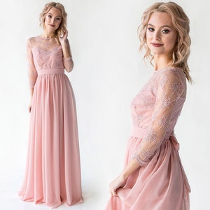 Blush Long Dress With Lace Top And Sleeves / Woman formal chiffon dress / Bride wedding party gown / Floor length flowy prom gown