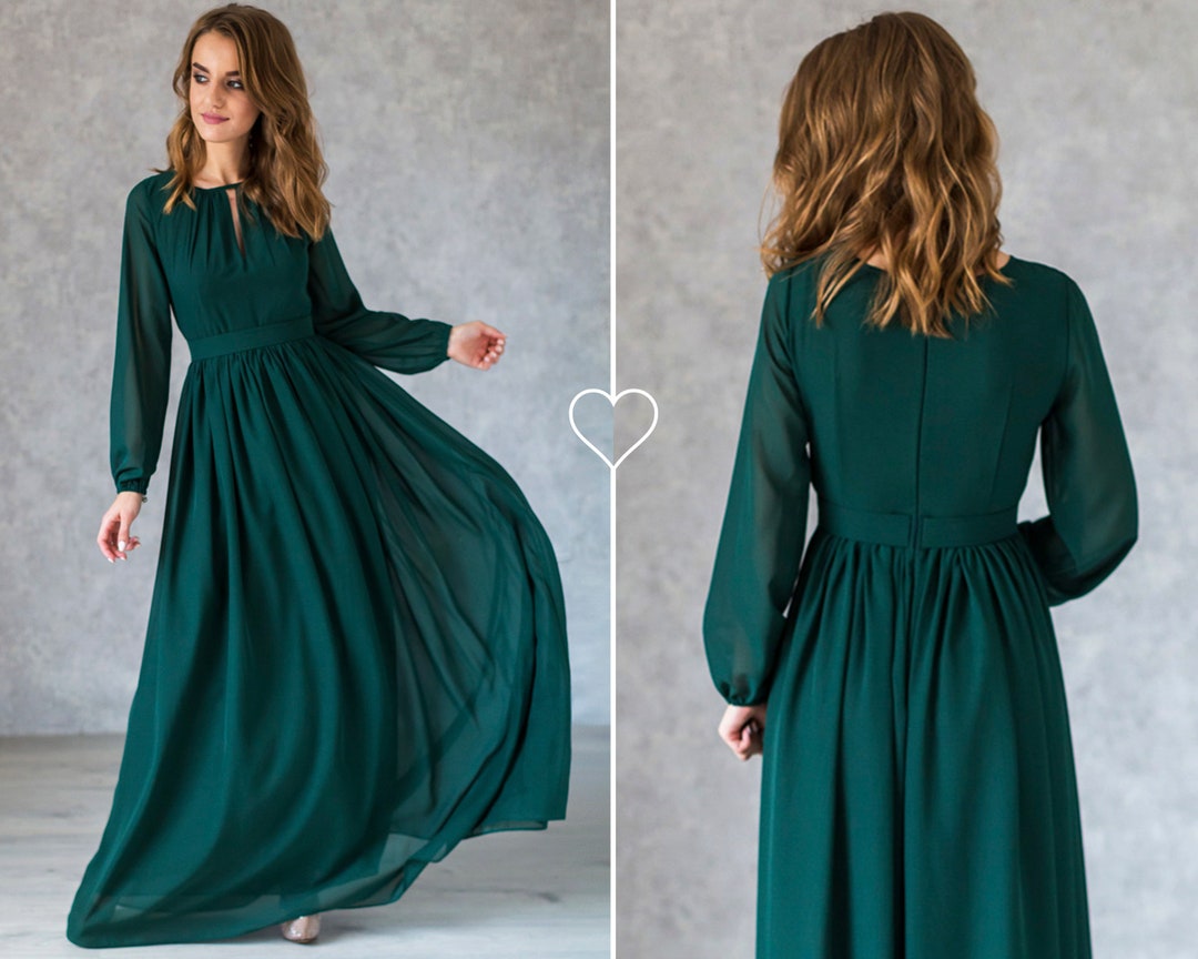 Flowy Emerald Green Dress With Long Sleeves / Green Chiffon Bridesmaid ...