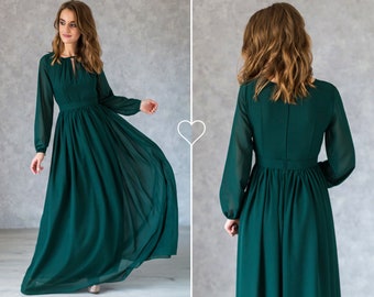 Flowy Emerald Green Dress with Long Sleeves / Green Chiffon Bridesmaid Robe / Emerald Maxi Dress / Formal Dress / Minimalist Dress