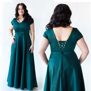 Emerald Green Cotton Dress, Plus Size Maxi Dress, Short Sleeve Dress, Emerald Wedding Bridesmaid Dress, Dark Green Dress, Party Dress image 1