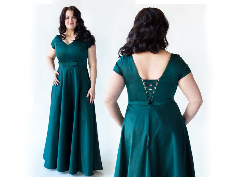 Emerald Green Cotton Dress, Plus Size Maxi Dress, Short Sleeve Dress, Emerald Wedding Bridesmaid Dress, Dark Green Dress, Party Dress image 1