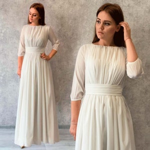 Elegance Long Ivory Chiffon Flowy Dress / Tender Wedding Dress / Woman formal white dress with sleeves / Greek white chiffon dress