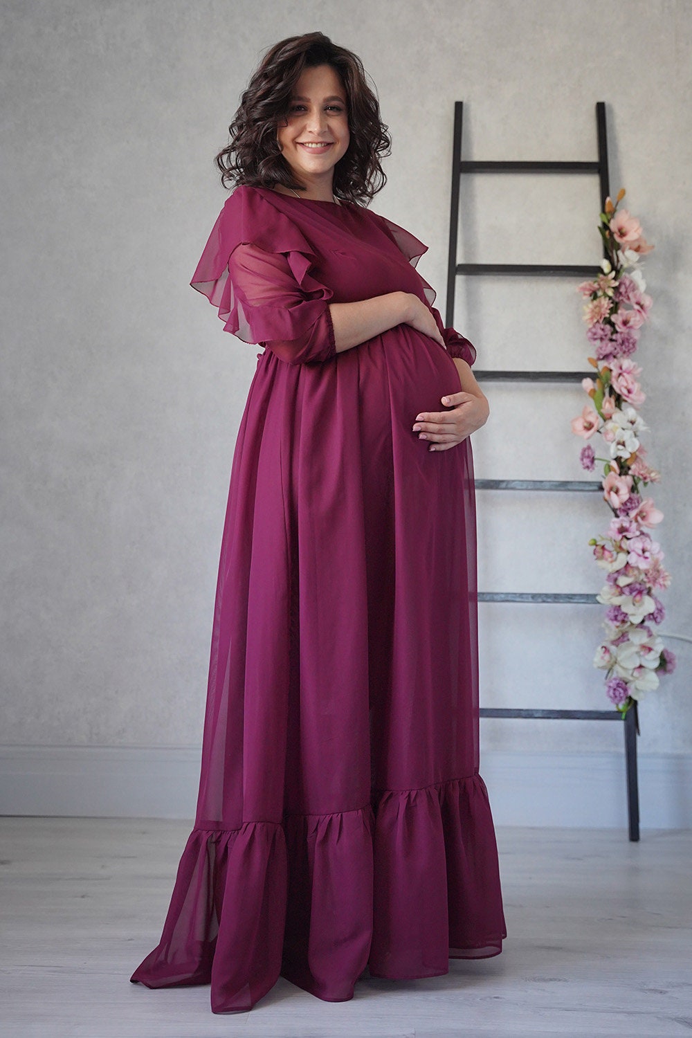 Burgundy Chiffon Maternity Dress: Long Flowy Pregnancy Gown