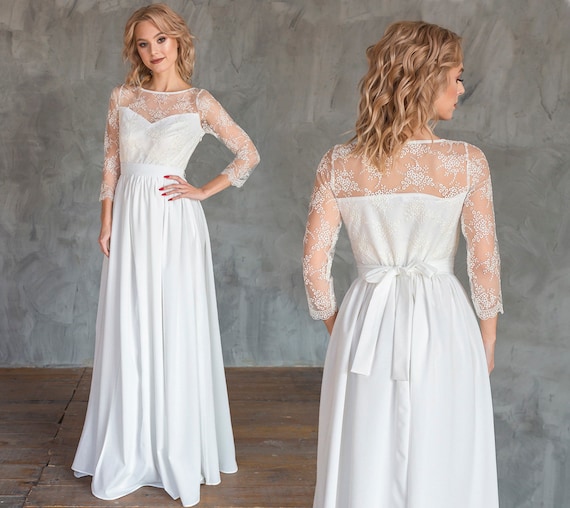 Ivory Wedding Dress With Lace Top And Sleeves Women Formal Etsy