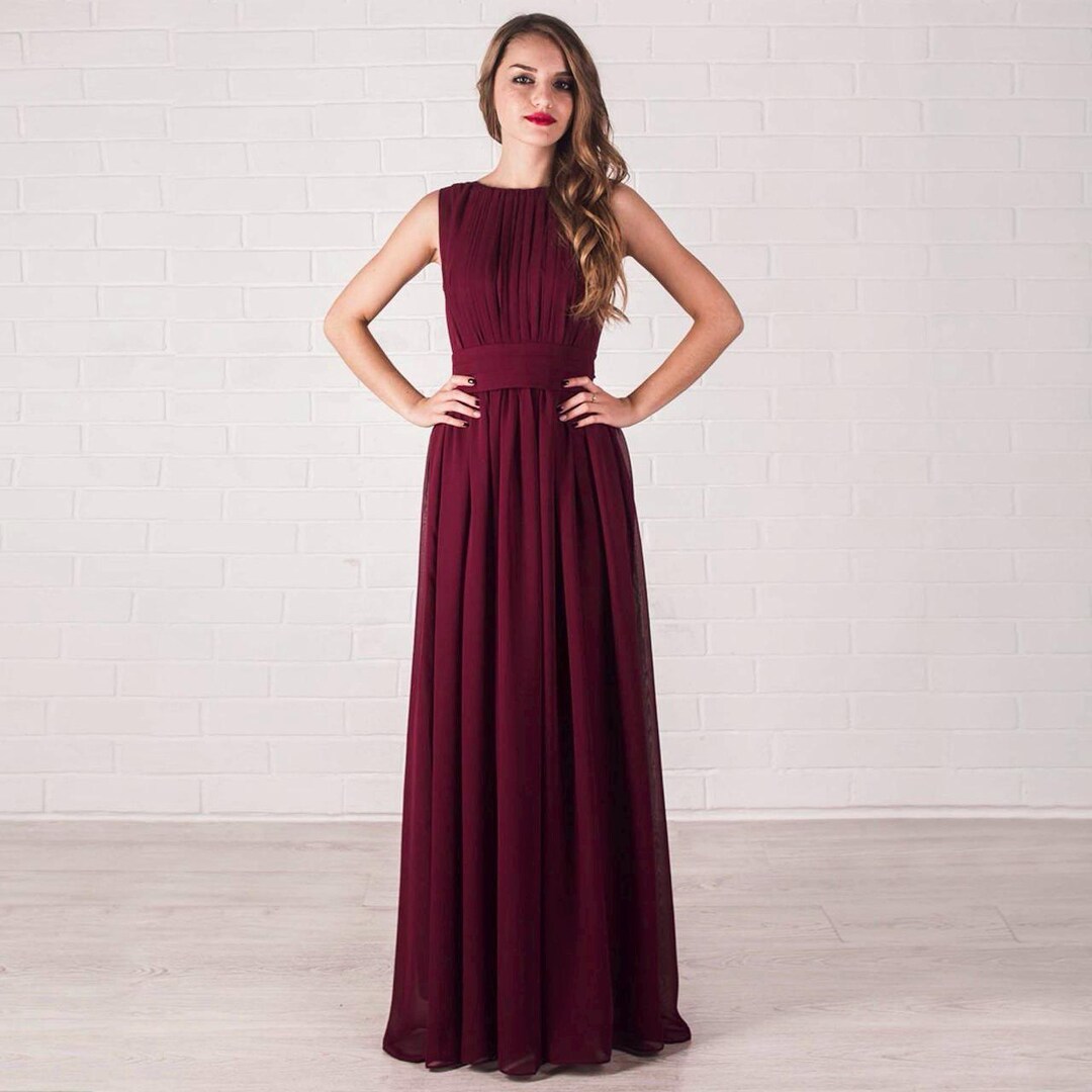 Burgundy Chiffon Grecian Dress: Draped Bodice Greek Formal Gown