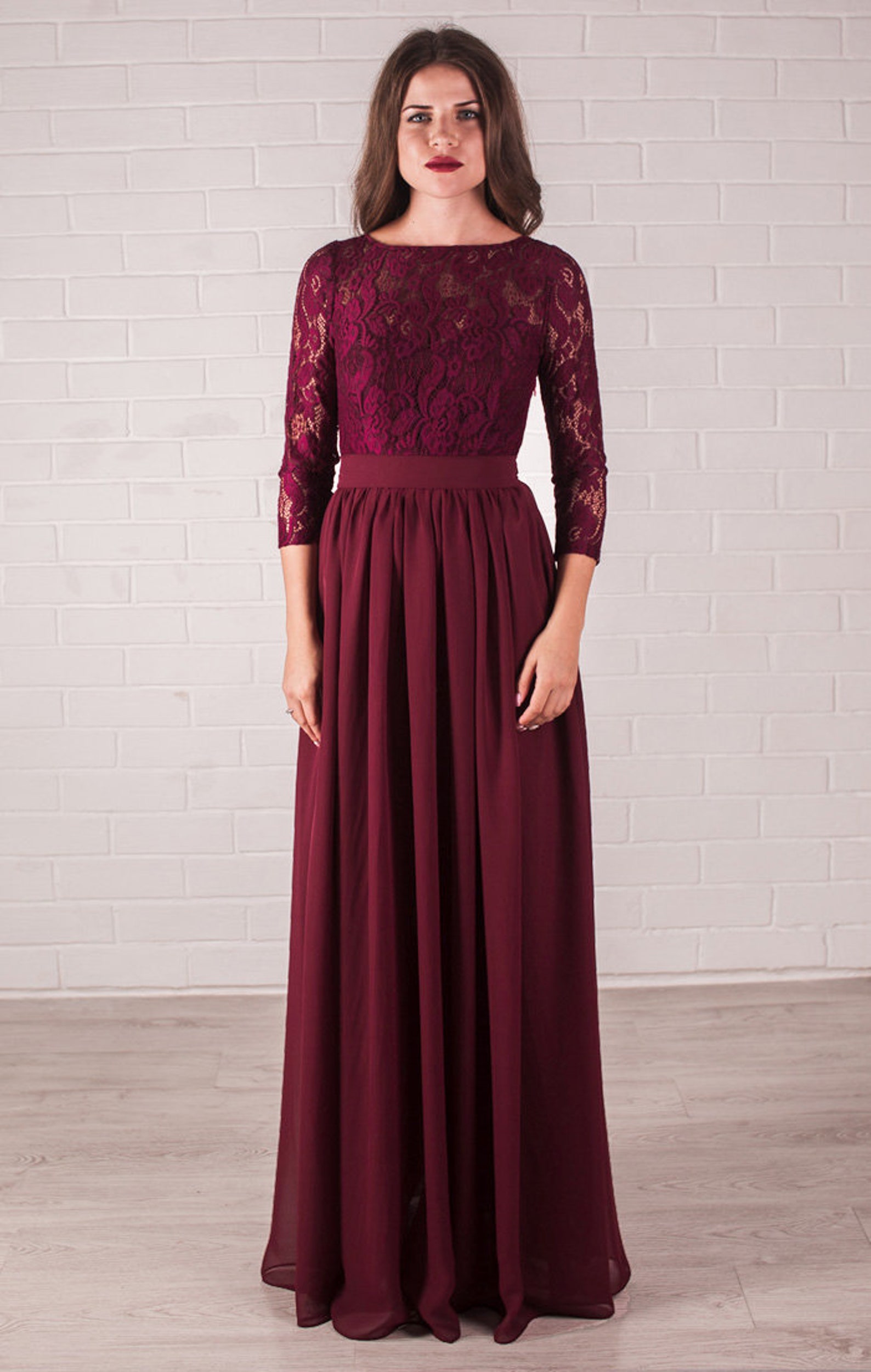 Burgundy bridesmaid dress wine evening dress lace dress with | Etsy