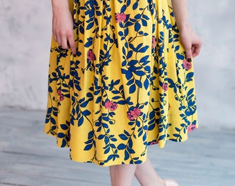 Ensemble Jupe Et Haut Femme - Jaune Vif à Fleurs Roses - Taille S