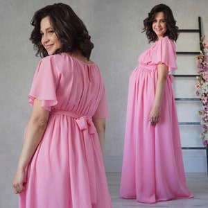 Tender Pink Maternity Dress / Long Chiffon Flowy Dress for Future Mom / Elegance Pregnancy Gown / Chiffon Maternity Photoshoot Dress