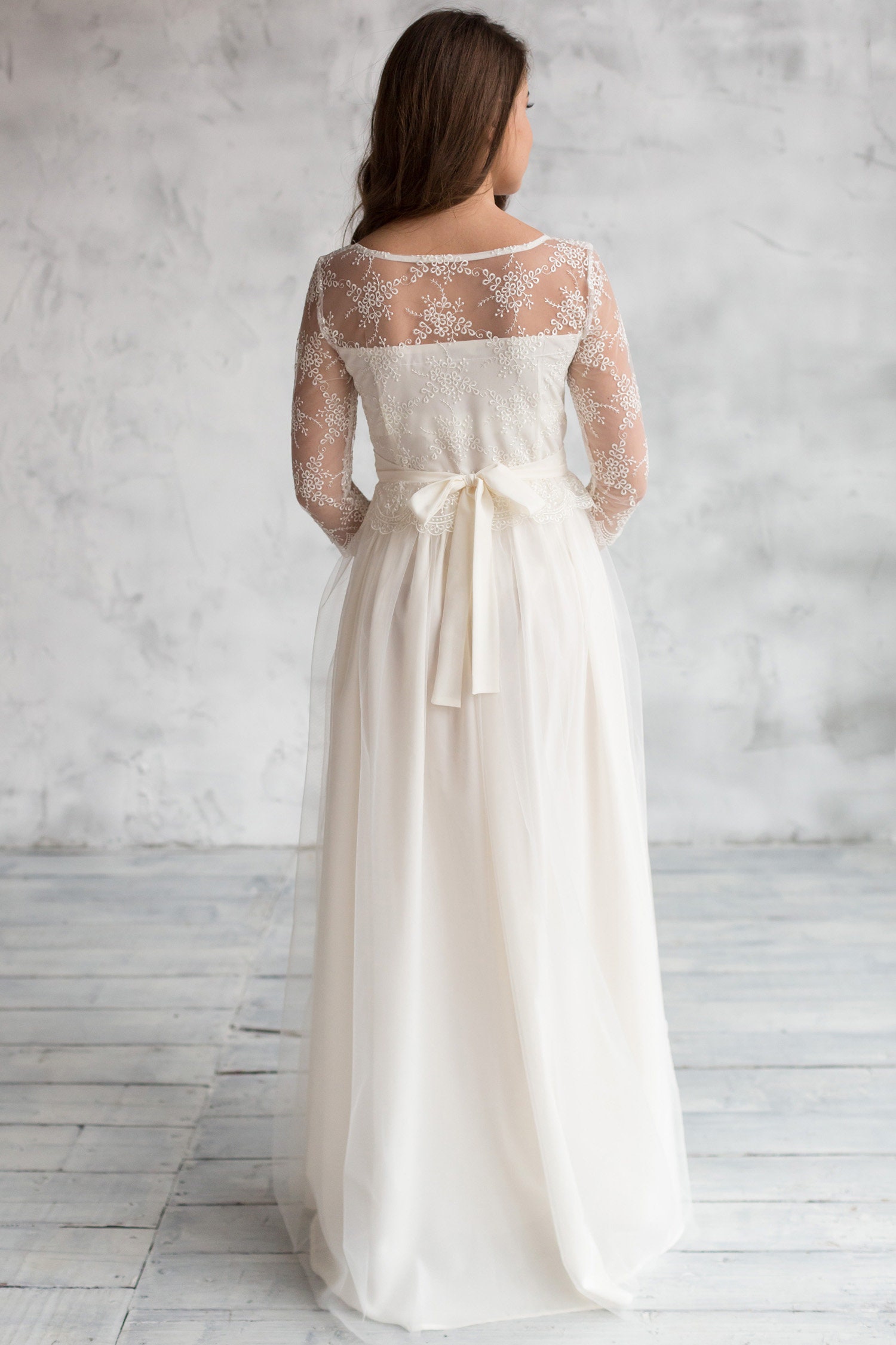 Ivory Basque Ivory Bohemian Wedding Dress: Basque Waist, Tulle Skirt, 3/4 Sleeves - Etsy