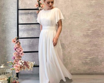 Grecian Chiffon Bridal Gown: Flowy Courthouse Wedding Dress