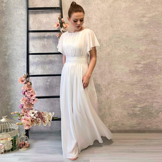 flowy grecian wedding dress Whimsical Grecian Chiffon Wedding Dress with Butterfly Sleeves KATIE Size 8 / Ivory main image 1
