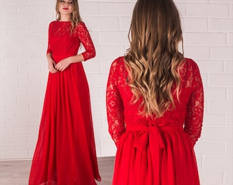 Rode maxi-jurk met kanten top: lange avondjurk van chiffon