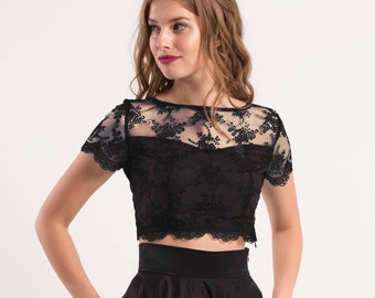 Evening black crop top / Lace top with buttons / Crop top prom dress / Floral lace top with short sleeves / Evening gown