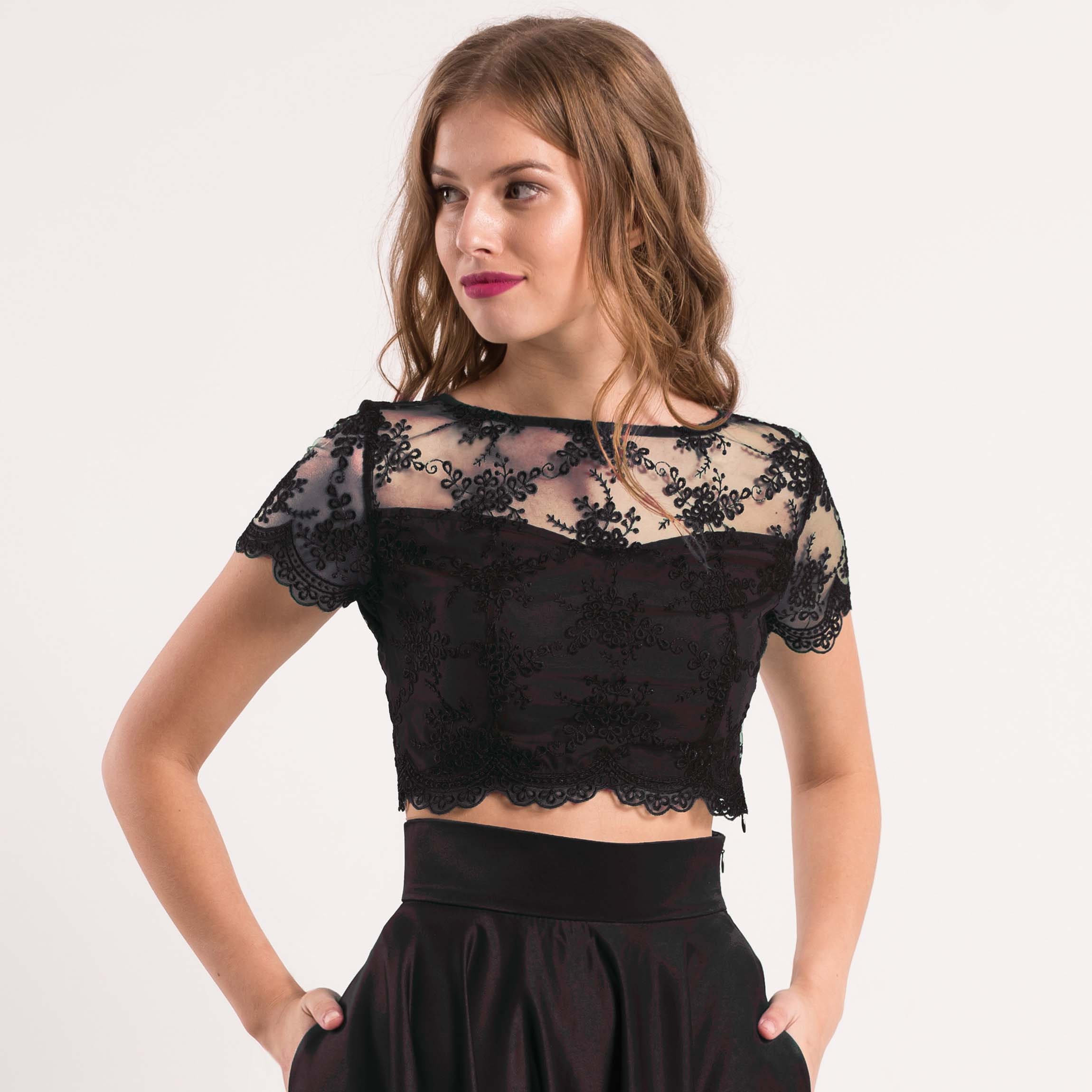 Evening Black Crop Top / Lace Top With Buttons / Crop Top Prom Dress /  Floral Lace Top With Short Sleeves / Evening Gown -  Canada