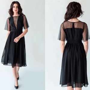 Black polka dot sleeve tulle dress, chiffon midi party dress, wedding bridesmaid dress, formal cocktail dress, Gothic witchy mesh dress