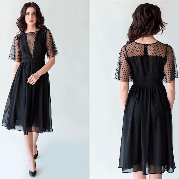 Robe noire en tulle à manches à pois, robe de soirée midi en mousseline de soie, robe de demoiselle d'honneur de mariage, robe de cocktail formelle, robe gothique en maille de sorcière