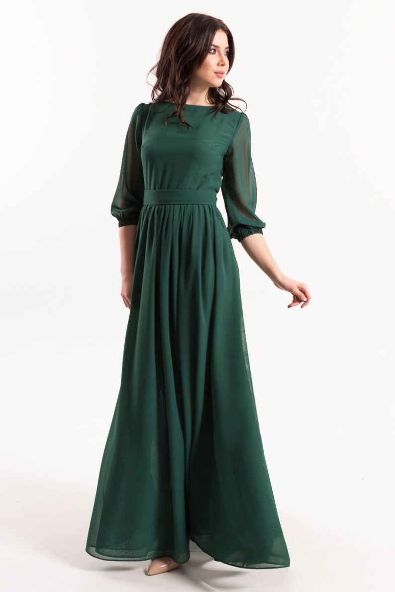 Emerald green chiffon dress flowy dress for women fall | Etsy