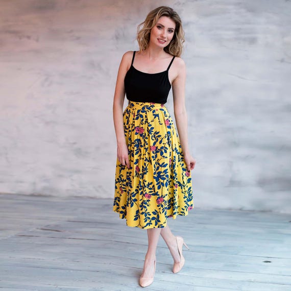 Floral Linen Midi Skirt: High Waist Yellow A-Line