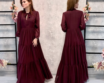 Burgundy Chiffon Maxi Dress: Long Sleeve Flowy Bow Neck Evening Gown