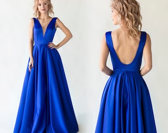 Blue Backless Satin Dress / Long woman formal prom dress / Deep V-neck wedding party dress / Indigo open back evening gown / Built-in bra