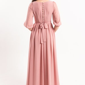 Women pink long sleeves a-line gowns, blush maxi dress with pearl buttons and sleeves, women formal chiffon closed dress, light pink dress image 2