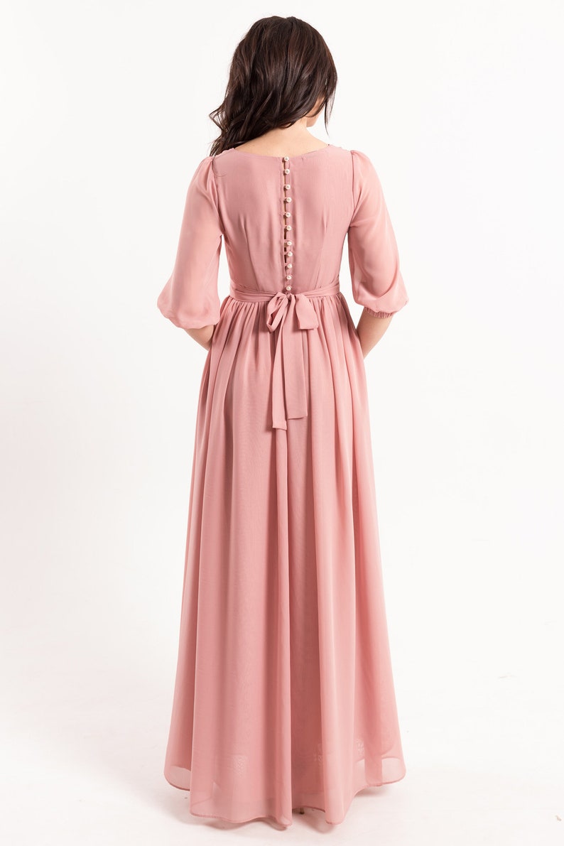 Women pink long sleeves a-line gowns, blush maxi dress with pearl buttons and sleeves, women formal chiffon closed dress, light pink dress image 2