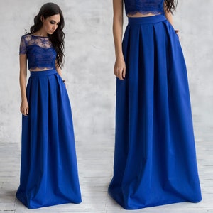 Elegancka spódnica damska o kroju litery A / Spódnica maxi z zakładkami / Niebieska spódnica do ziemi z kieszeniami / Spódnica formalna (różne kolory)