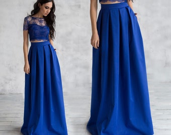 Élégante jupe trapèze pour femme / Jupe longue avec plis / Jupe longue bleue avec poches / Jupe formelle (différentes couleurs)