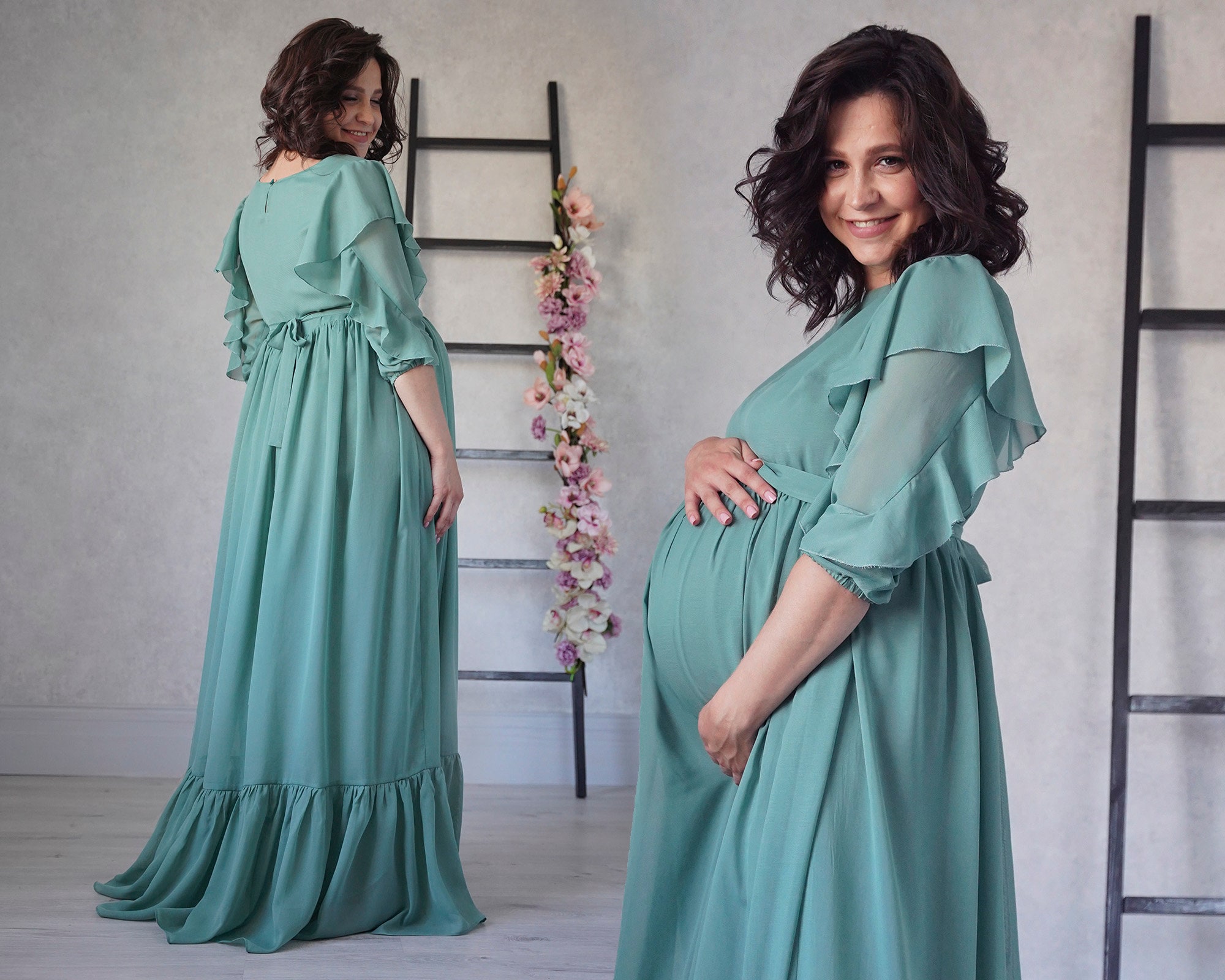 Abito Maternità In Chiffon Per Fotografia - Scollato, Maniche Medie, Maxi Abito Da Gravidanza (Taglie S-XL)