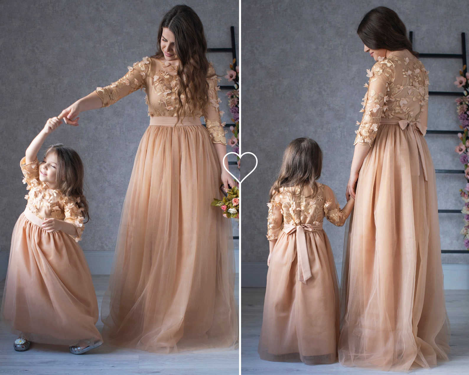 Mommy and Me Dress, Matching Long Gold Dress, Mother Daughter Floral ...