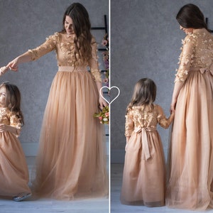 Mommy and me dress, Matching long gold dress, Mother daughter floral dress, Matching outfits, Mother & daughter gift, Gold chiffon dresses