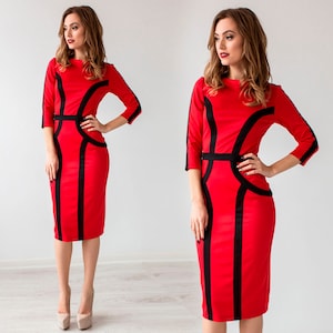 Red Jersey Dress with 3/4 Sleeves and Black Stripes / Long Sleeve Casual Bodycon red Dress / Knee Length Autumn Dress / Red Office Dress