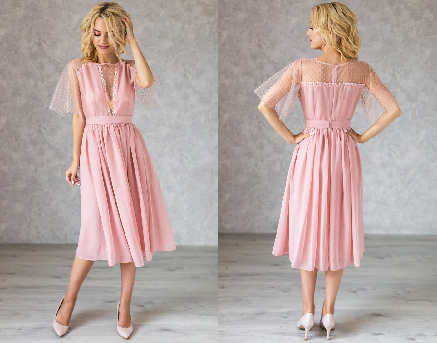 Blush Polka Dot Sleeve Tulle Dress, Delicate Midi Dress Blush Polka Dot Sleeve Tulle Dress, Delicate Midi Dress