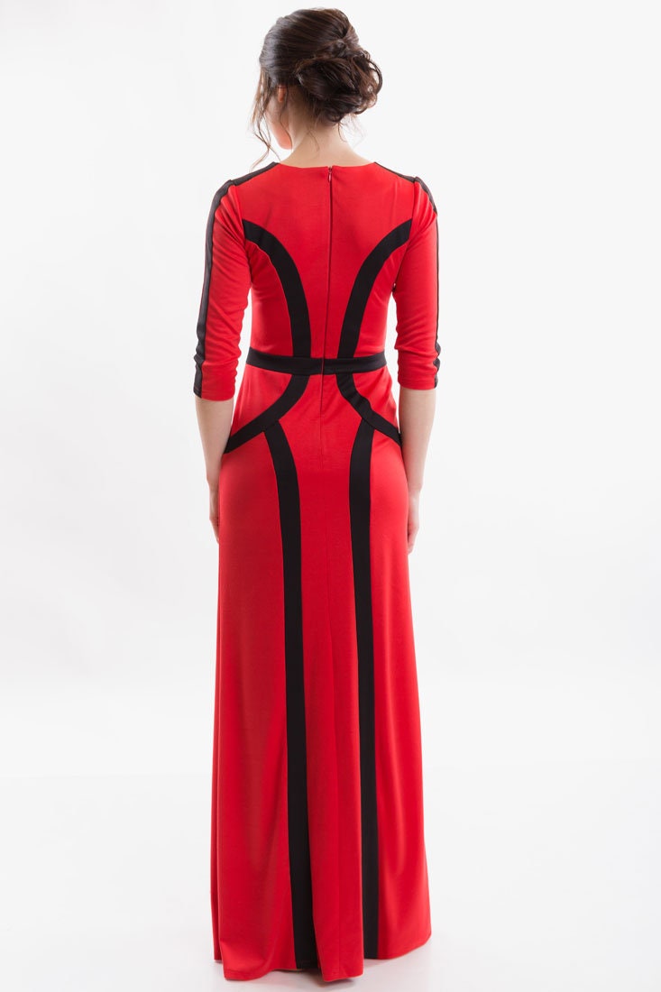 Red Maxi Bodycon Jersey Dress: Long Sleeve Autumn Dress with Black Stripes Red Maxi Bodycon Jersey Dress: Long Sleeve Autumn Dress with Black Stripes