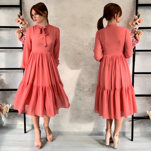 Summer coral dress for photo shoot, neck bow midi chiffon dress, cocktail flowy dress, flower girl dress with sleeve, plus size dress