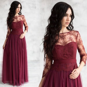 Wine | Emerald Formal Floral Lace Dress With Lace Top, Basque And Sleeves / Burgundy Maxi Prom Dress / Wine wedding party long gown