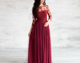 Floral Lace Burgundy Evening Dress: Tulle Skirt Formal Gown
