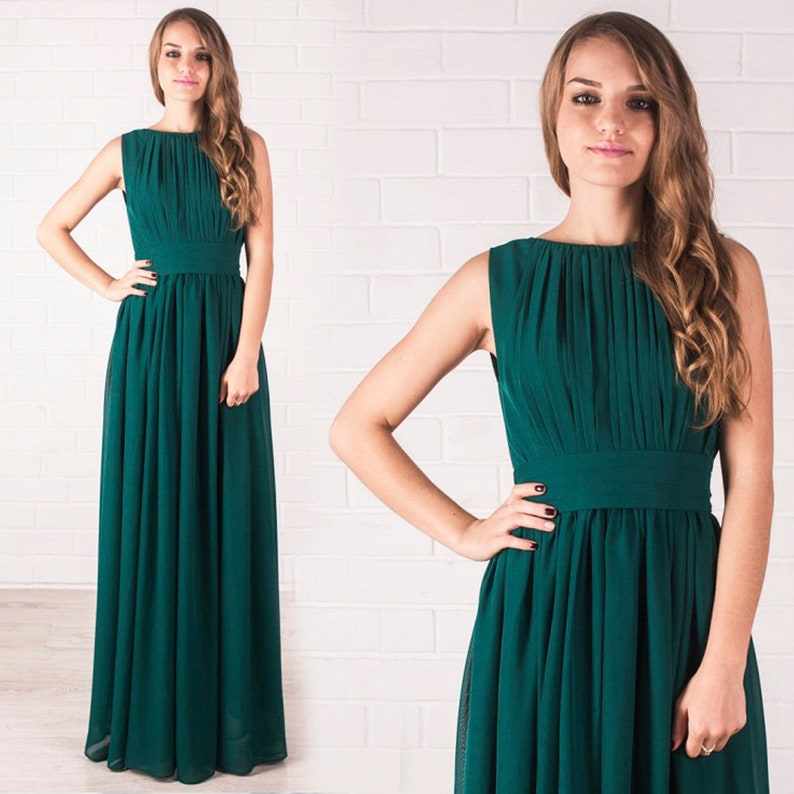 Elegance Long Chiffon Flowy Dress / Emerald evening gown / | Etsy
