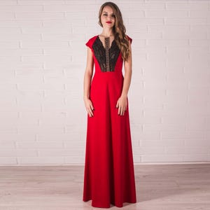 Long Red Jersey A-line Dress with Black Lace / Red Bodycon Dress with short sleeves / Spectacular Long Autumn Dress / Comfortable long dress