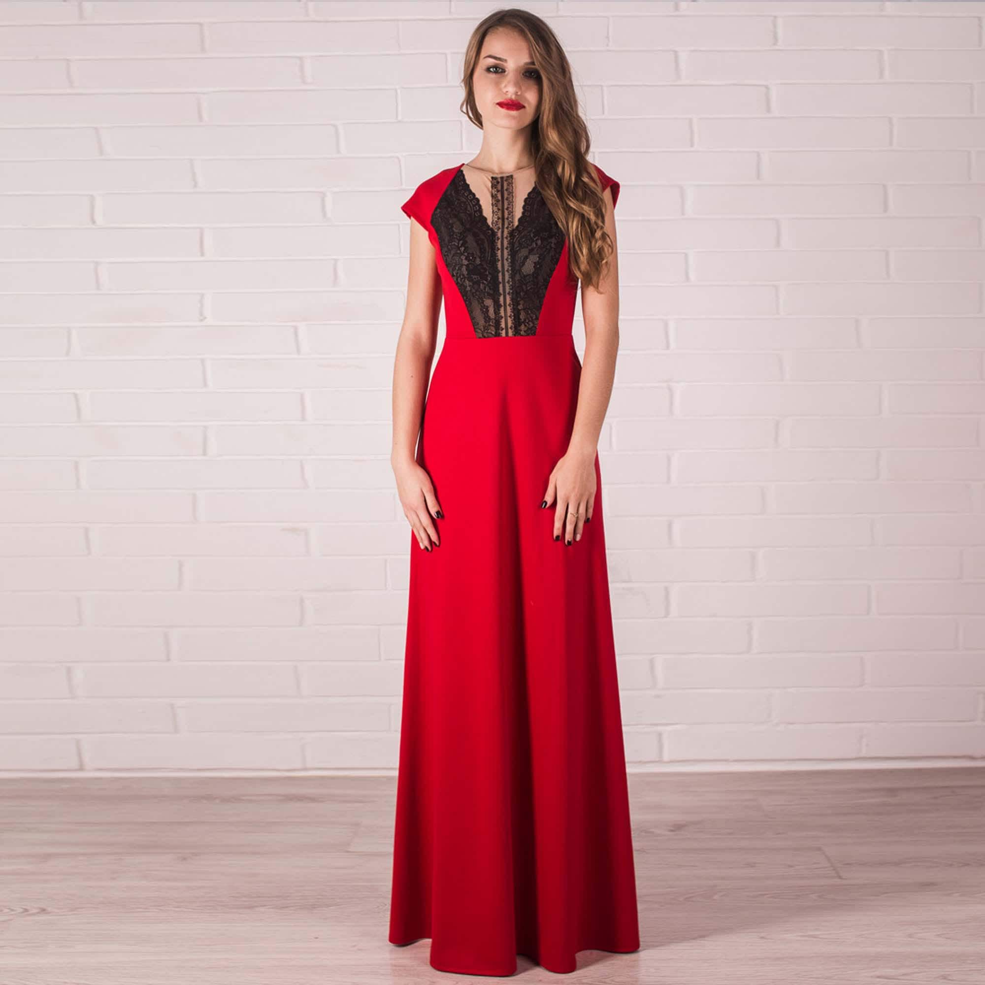 long red jersey dress Long Red Jersey A-line Dress: Black Lace Detail, Autumn Style
