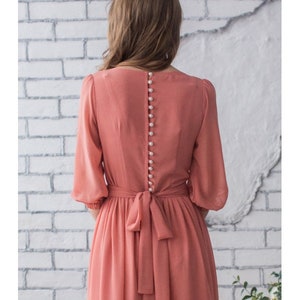 Women pink long sleeves a-line gowns, blush maxi dress with pearl buttons and sleeves, women formal chiffon closed dress, light pink dress image 7