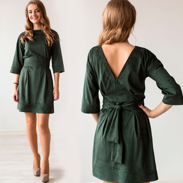 Emerald green kimono dress, S size emerald kimono dress, midi emerald green kimono dress, v-neck dress with sleeves, kimono robe,