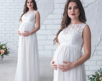 Ivory Maternity Dress / Long Chiffon Flowy Dress for Future Mom / Tender Pregnancy Gown / Floor length maternity dress with lace top