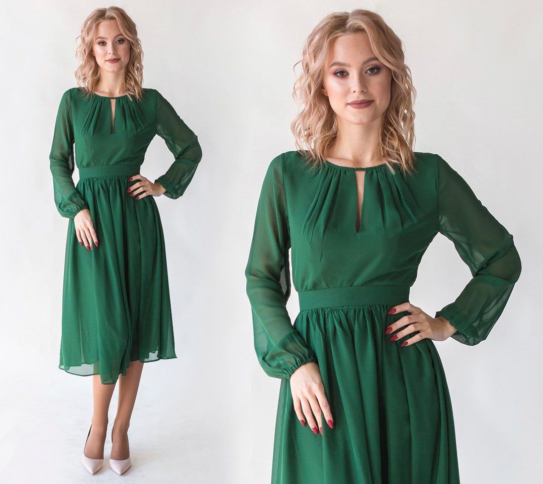 Romantic Emerald Cocktail Flowy Dress With Long Sleeves / - Etsy