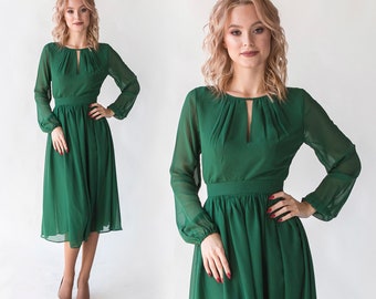 Romantic Emerald Cocktail Flowy Dress With Long Sleeves / Tender midi chiffon dress for womens / Wedding party gown / Elegant prom dress