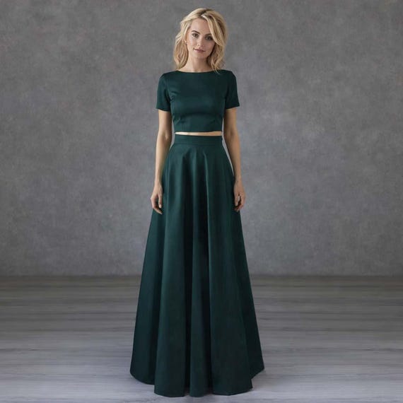 emerald green prom dress two piece Two-Piece Suit: Elegant Evening Outfit of Crop Top and Skirt BFCM-EXC