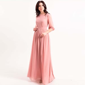 Women pink long sleeves a-line gowns, blush maxi dress with pearl buttons and sleeves, women formal chiffon closed dress, light pink dress