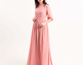 Women pink long sleeves a-line gowns, blush maxi dress with pearl buttons and sleeves, women formal chiffon closed dress, light pink dress