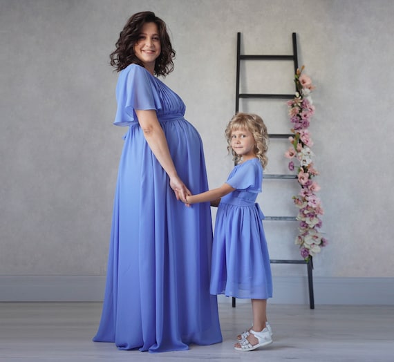 Blue Chiffon Mommy and Me Matching Dresses: Maternity & Girl Outfit Family Look